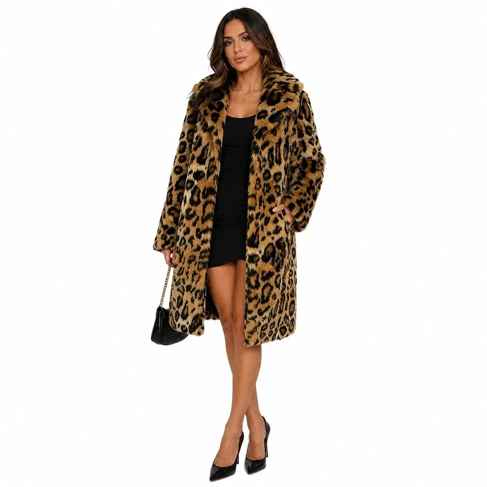 Leopard Print Faux Fur Longline Coat Womens Notched Collar Tan Black Animal
